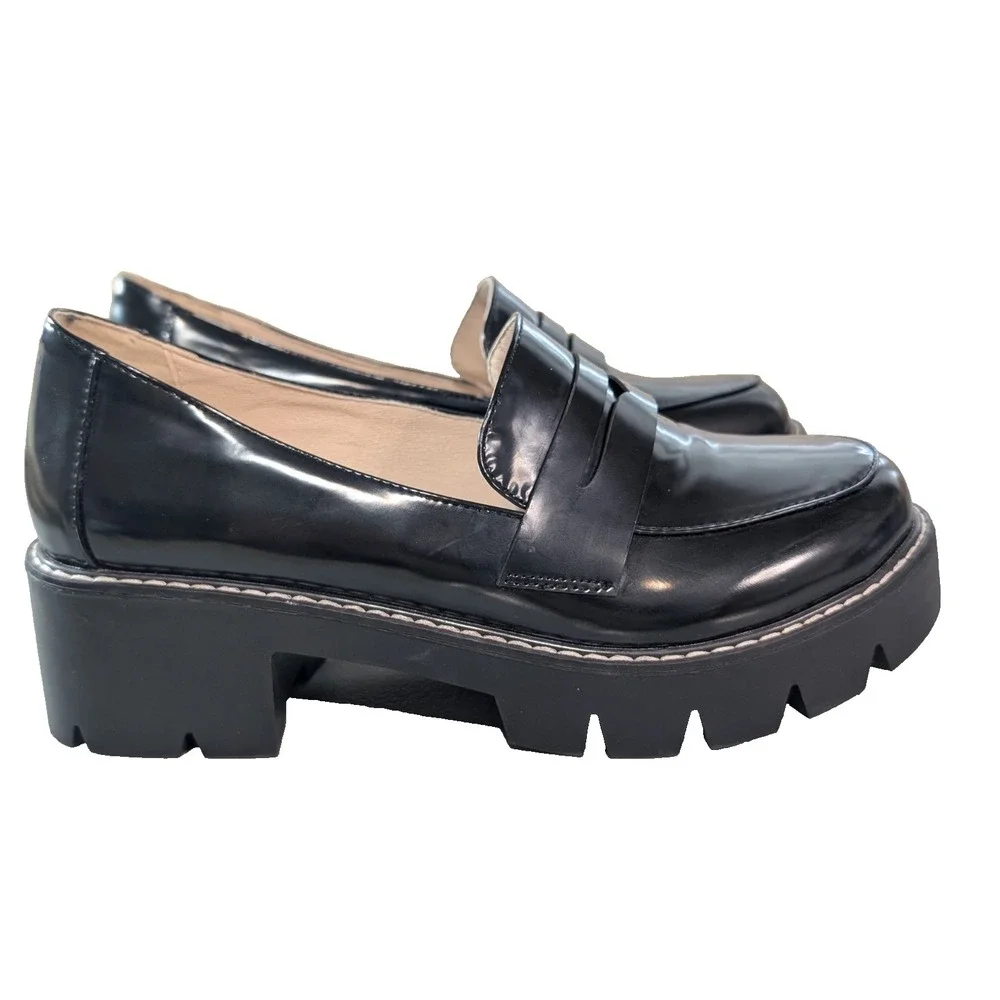 Black Patent Chunky Platform Lug Sole Penny Loafers Size 8 Block Heel Shoes Goth